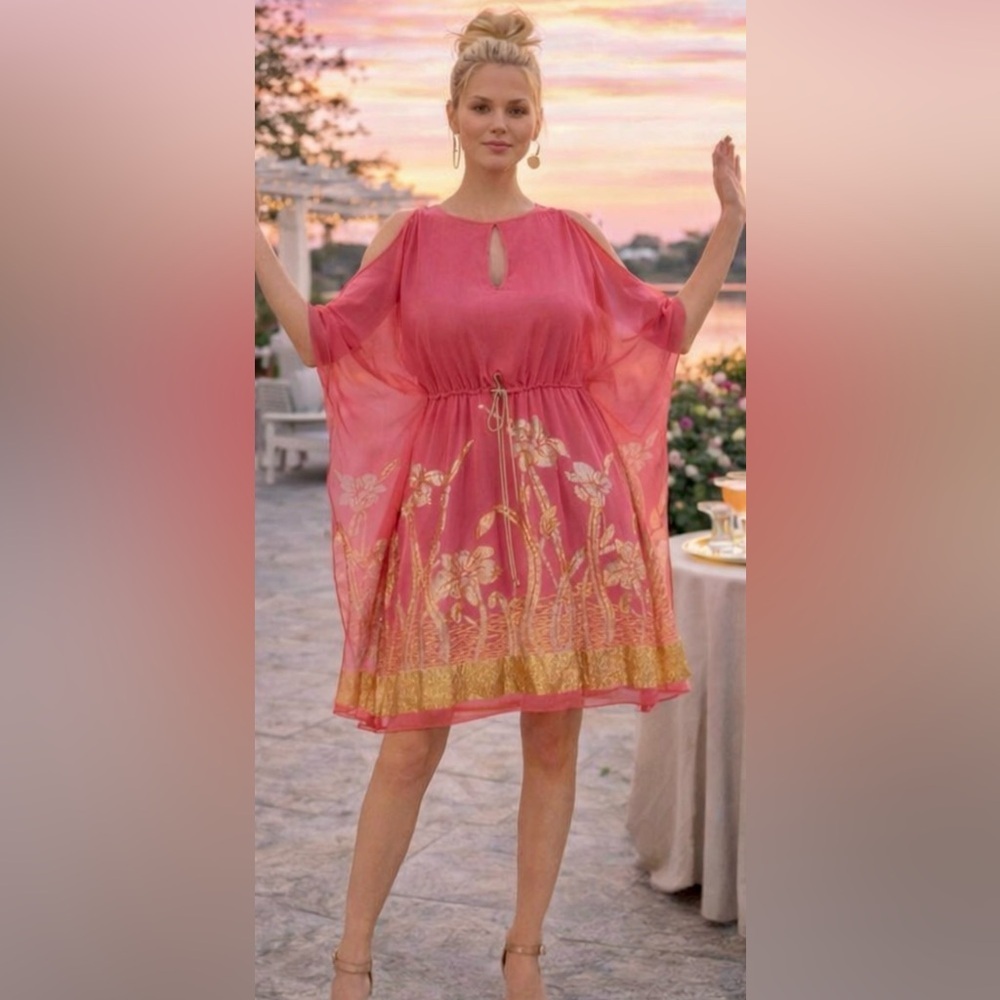 Badgley Mischka Pink and Gold Silk  kaftan-style dress